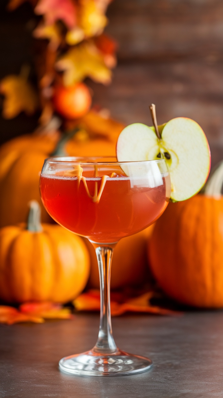 Delicious Candy Apple Martini Recipe A Candy Apple Martini in a glass, garnished with apple slice and caramel, set against a fall-themed backdrop.