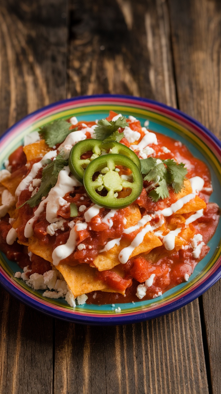 Authentic Red and Green Chilaquiles Recipe A vibrant plate of chilaquiles with red salsa, tortilla chips, cheese, cilantro, and jalapeños on a rustic table.