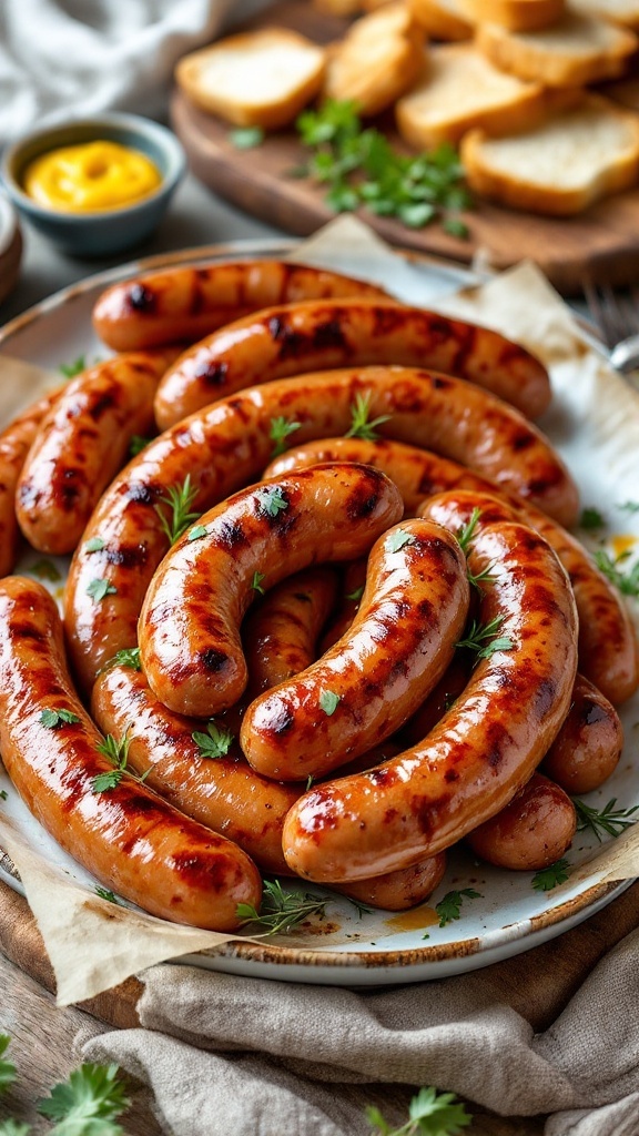 Traditional Cumberland Sausage Recipe A platter of grilled Cumberland sausages with fresh herbs and crusty bread.