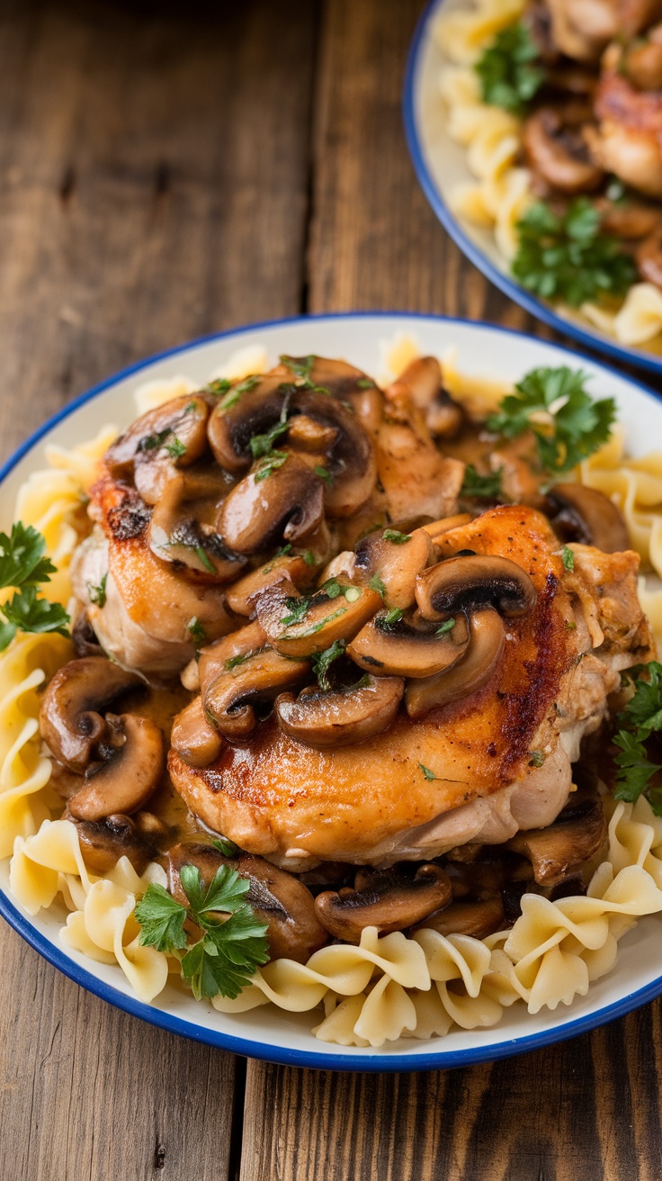 Flay Chicken Marsala with Shallots Recipe Delicious Flay Chicken Marsala with shallots and mushrooms served over pasta, garnished with parsley.