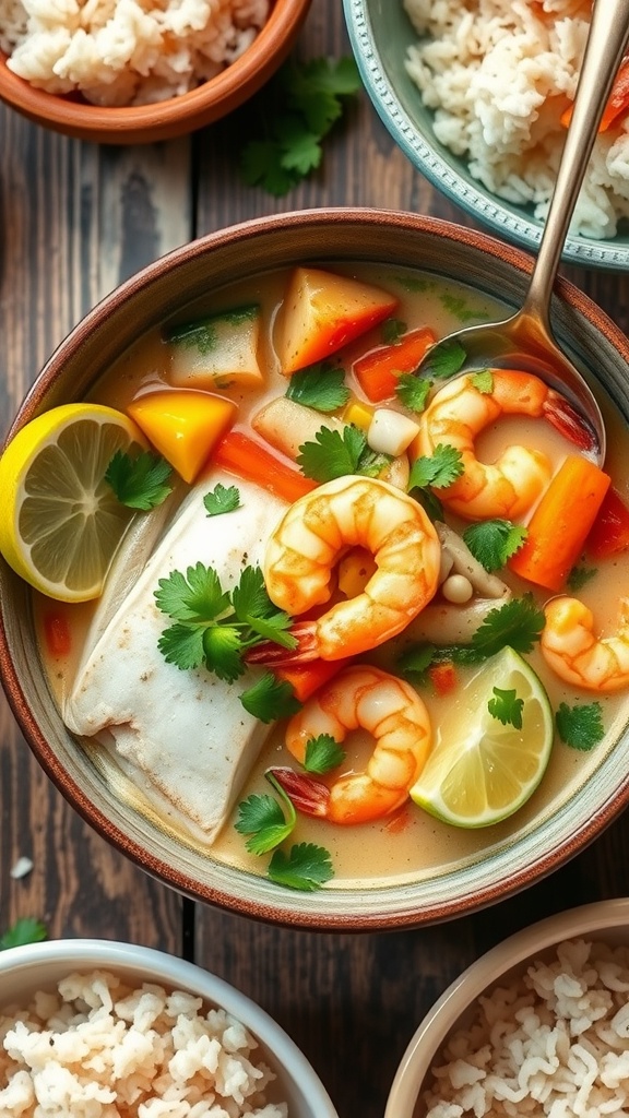 Traditional Brazilian Moqueca de Peixe with Shrimp A colorful bowl of Moqueca de Peixe with shrimp, coconut milk, and vegetables, garnished with lime and cilantro.