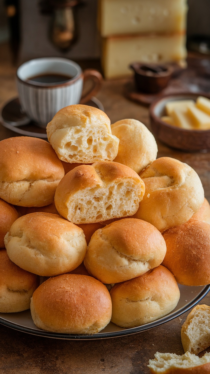Delicious Pão De Queijo Recipe Golden-brown puffs of Pão De Queijo served on a plate, with a rustic kitchen backdrop.