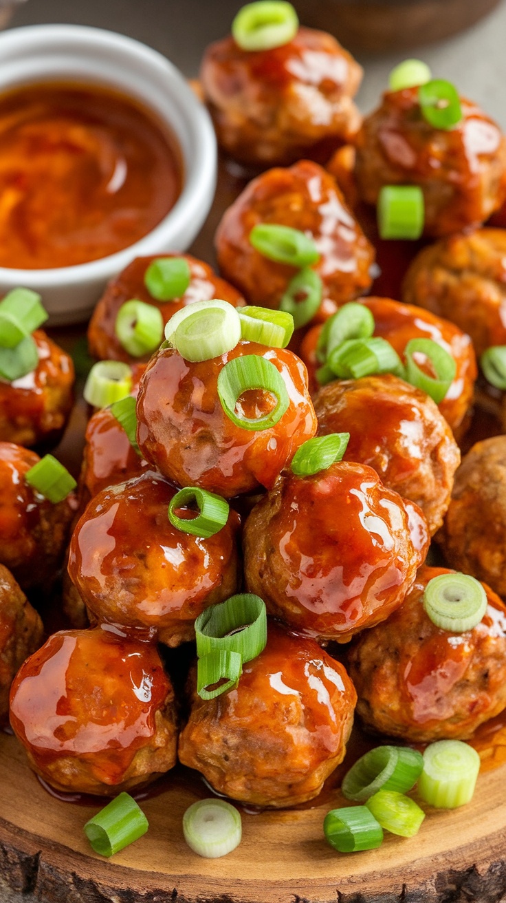 Honey Sriracha Meatballs: A Sweet and Spicy Delight A platter of honey sriracha meatballs garnished with green onions, served with a bowl of dipping sauce.