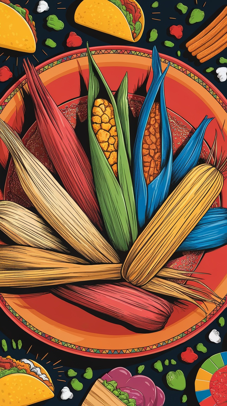 Colorful and Flavorful Tamal Animado Recipe An assortment of colorful tamales on a plate, wrapped in corn husks, surrounded by festive decorations.