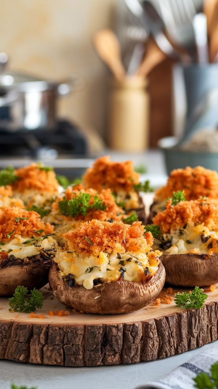 Italian Stuffed Portabella Mushroom Appetizer A tasty display of baked Italian stuffed portabella mushrooms on a rustic wooden platter, garnished with parsley.