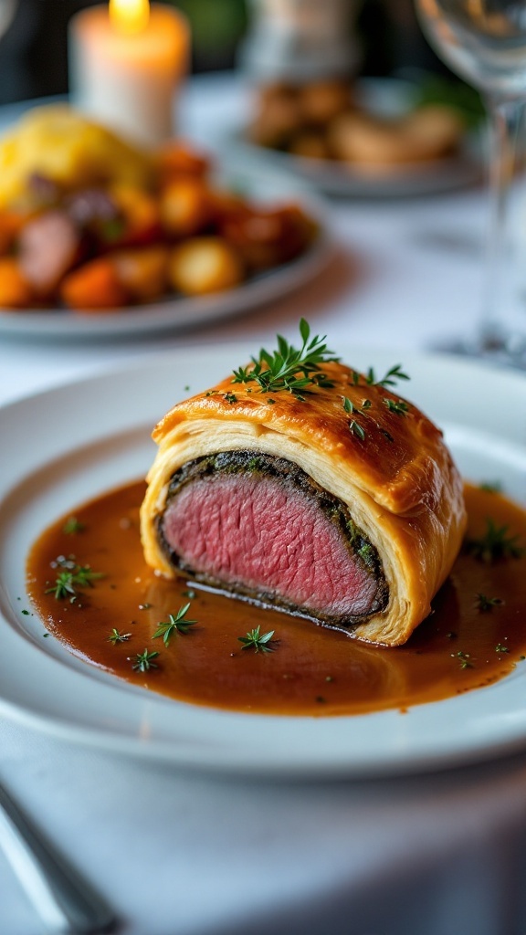 Classic Beef Wellington: An Elegant Showstopper Plated Beef Wellington with golden pastry, tender beef, and vibrant side dishes on an elegant dining table.