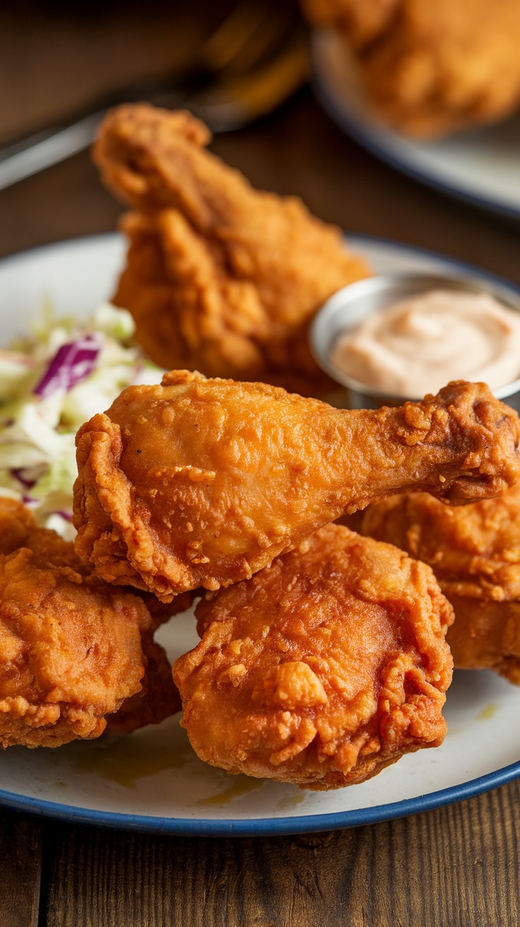 Crispy Buttermilk Fried Chicken Recipe Crispy fried chicken legs served with coleslaw on a wooden table.