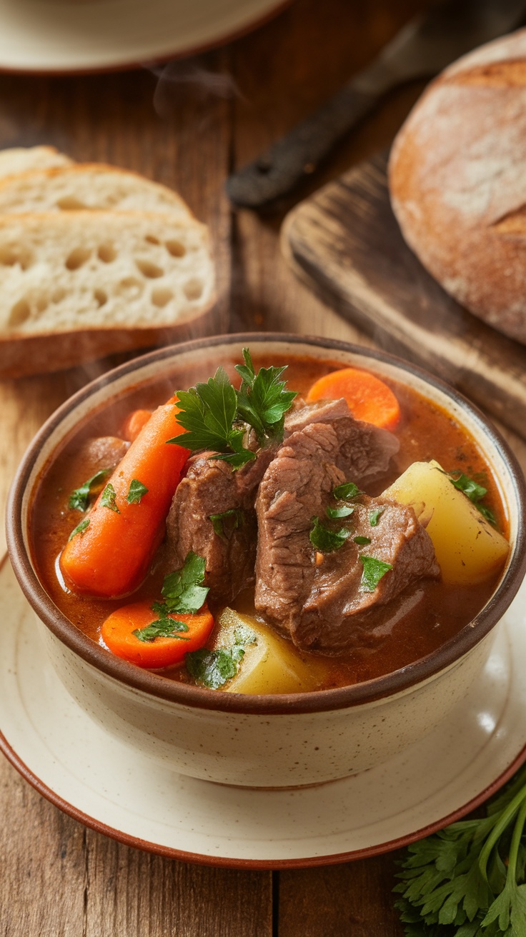 Classic Old Fashioned Beef Stew Recipe A hearty bowl of classic beef stew with beef, carrots, and potatoes on a rustic table with bread.