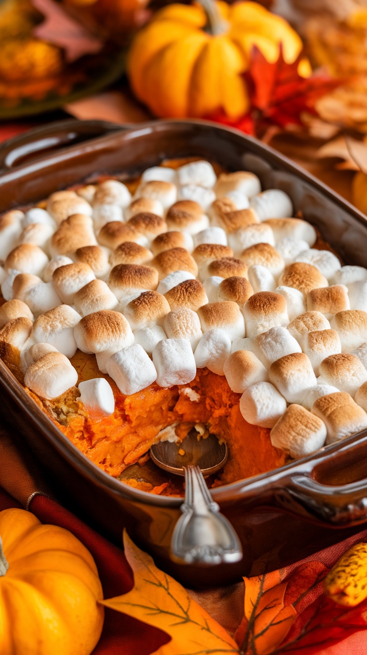 Easy Sweet Potato Casserole with Marshmallow Topping Sweet potato casserole topped with marshmallows in a rustic dish, decorated with fall-themed accents.