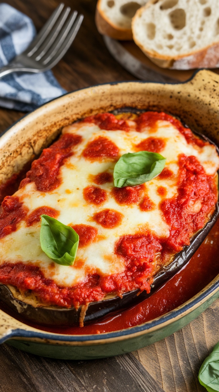 Crispy Oven Baked Eggplant Parmesan Recipe A delicious slice of crispy baked eggplant parmesan with melted cheese and marinara sauce, garnished with basil.