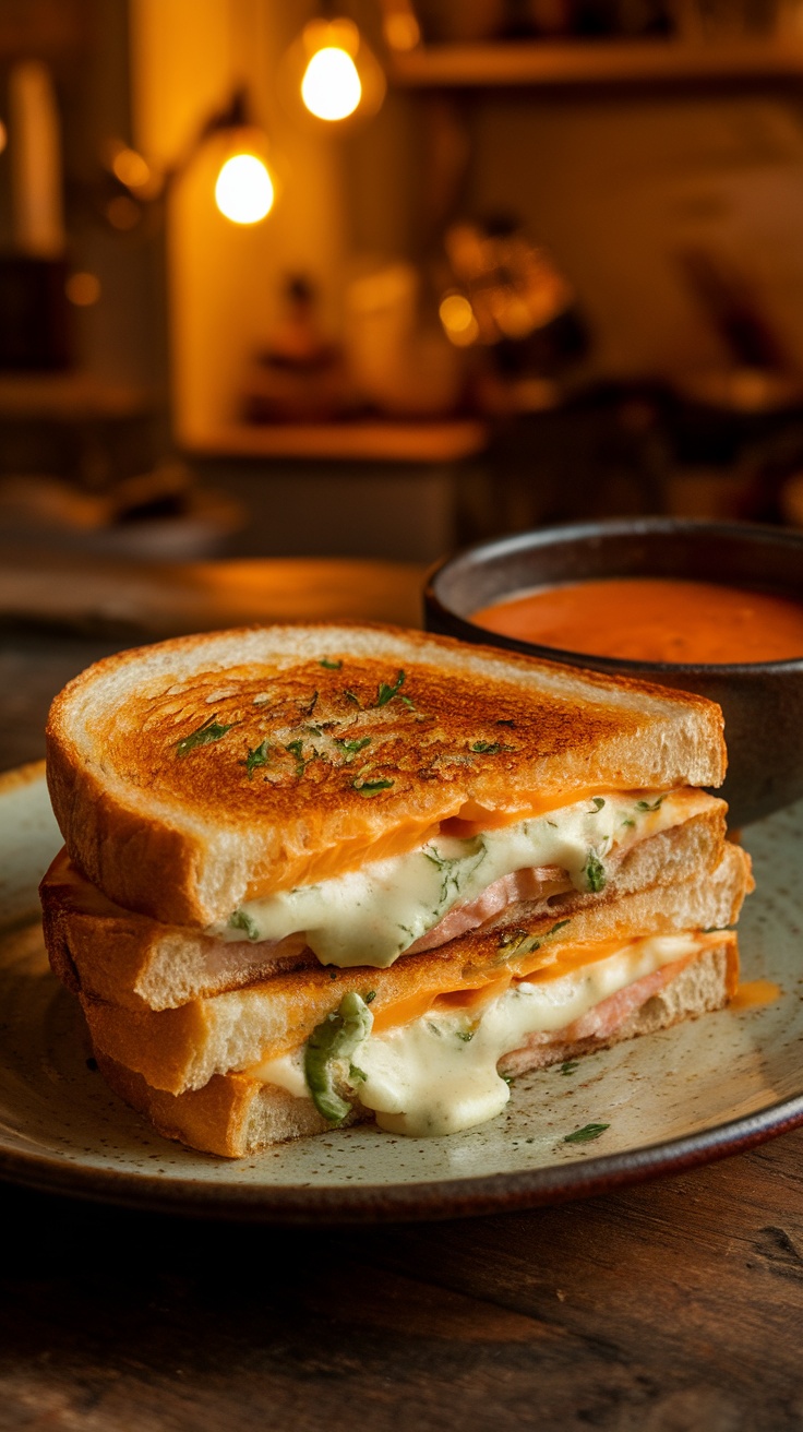 Ultimate Gourmet Grilled Cheese Sandwich Recipe A gourmet grilled cheese sandwich with melted cheese and herbs on a plate, served with tomato soup.