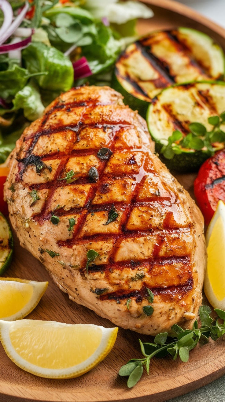 Juicy Grilled Chicken Breast with Ultimate Marinade Juicy grilled chicken breast on a wooden platter with fresh herbs, lemon wedges, and vibrant salad.