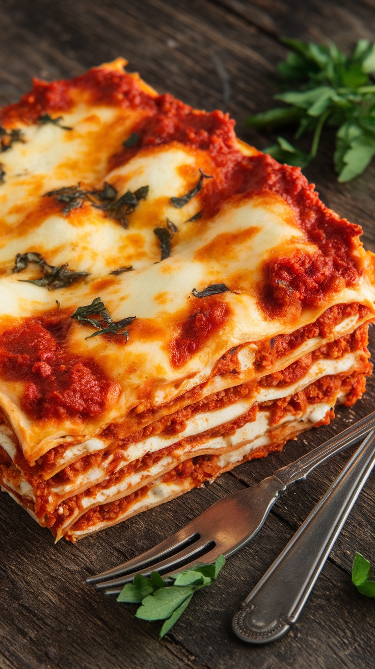 Classic Italian Lasagna Recipe A delicious baked lasagna with layers of bolognese, ricotta, and mozzarella on a wooden table.