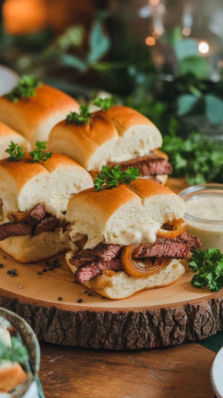 Easy and Delicious Philly Cheesesteak Sliders Recipe Delicious Philly Cheesesteak Sliders with steak, cheese, and onions on Hawaiian rolls served on a wooden platter.