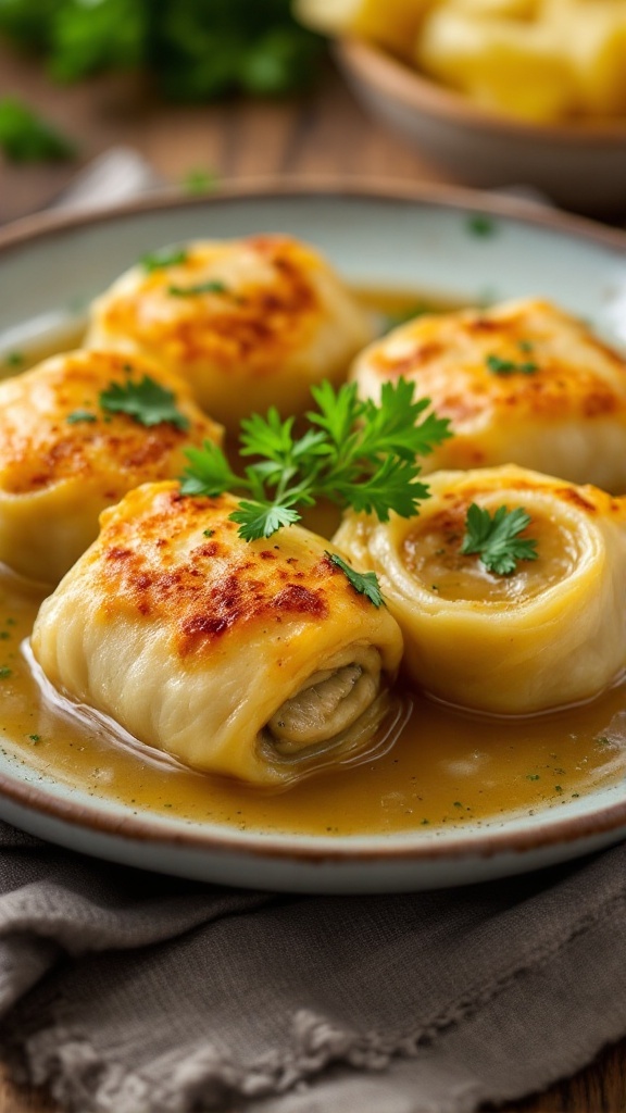Delicious Polish Stuffed Cabbage Rolls Recipe Delicious Polish stuffed cabbage rolls served in a light broth, garnished with parsley on a rustic wooden table.