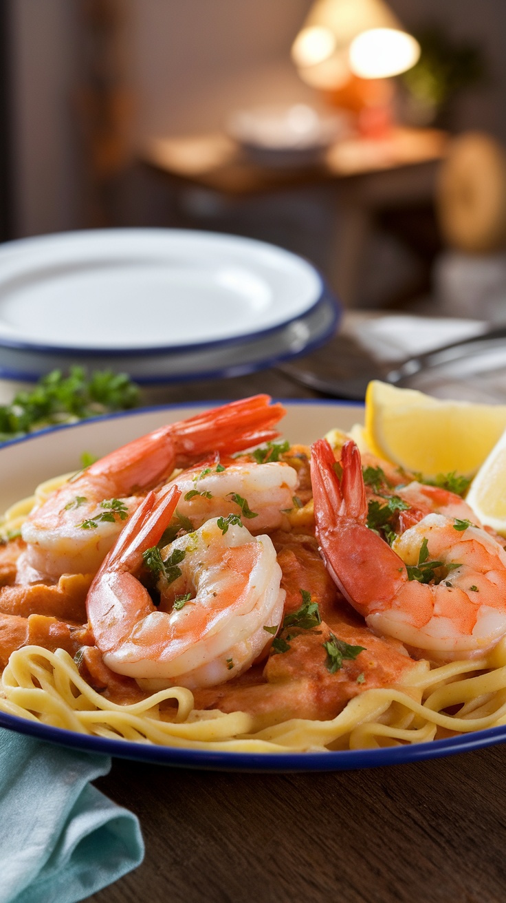 Delicious Garlic Butter Shrimp Scampi Recipe A delicious plate of shrimp scampi with garlic butter sauce over pasta, garnished with parsley and lemon.