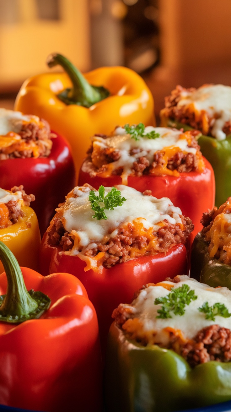 Classic Stuffed Peppers With Ground Beef and Rice Baked stuffed bell peppers filled with ground beef and rice topped with melted cheese.