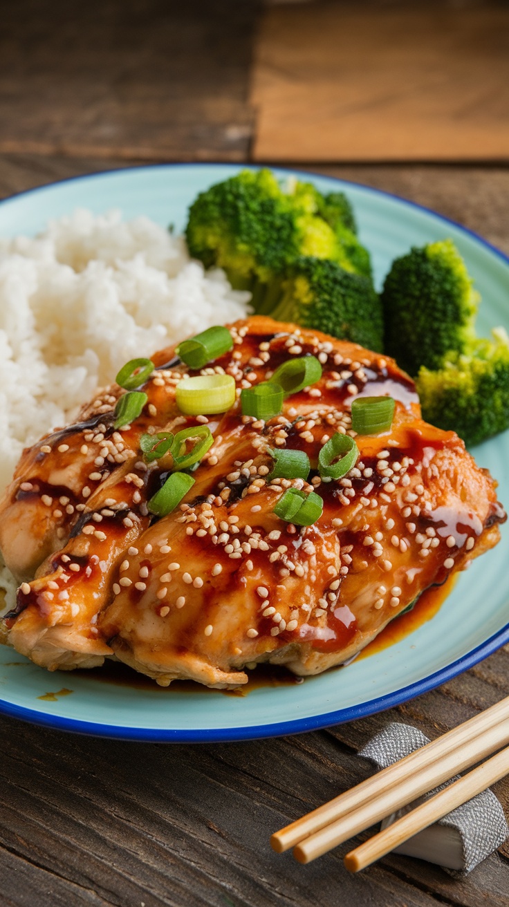 Simple and Delicious Teriyaki Chicken Recipe A plate of teriyaki chicken with sesame seeds and green onions, served with rice and broccoli.