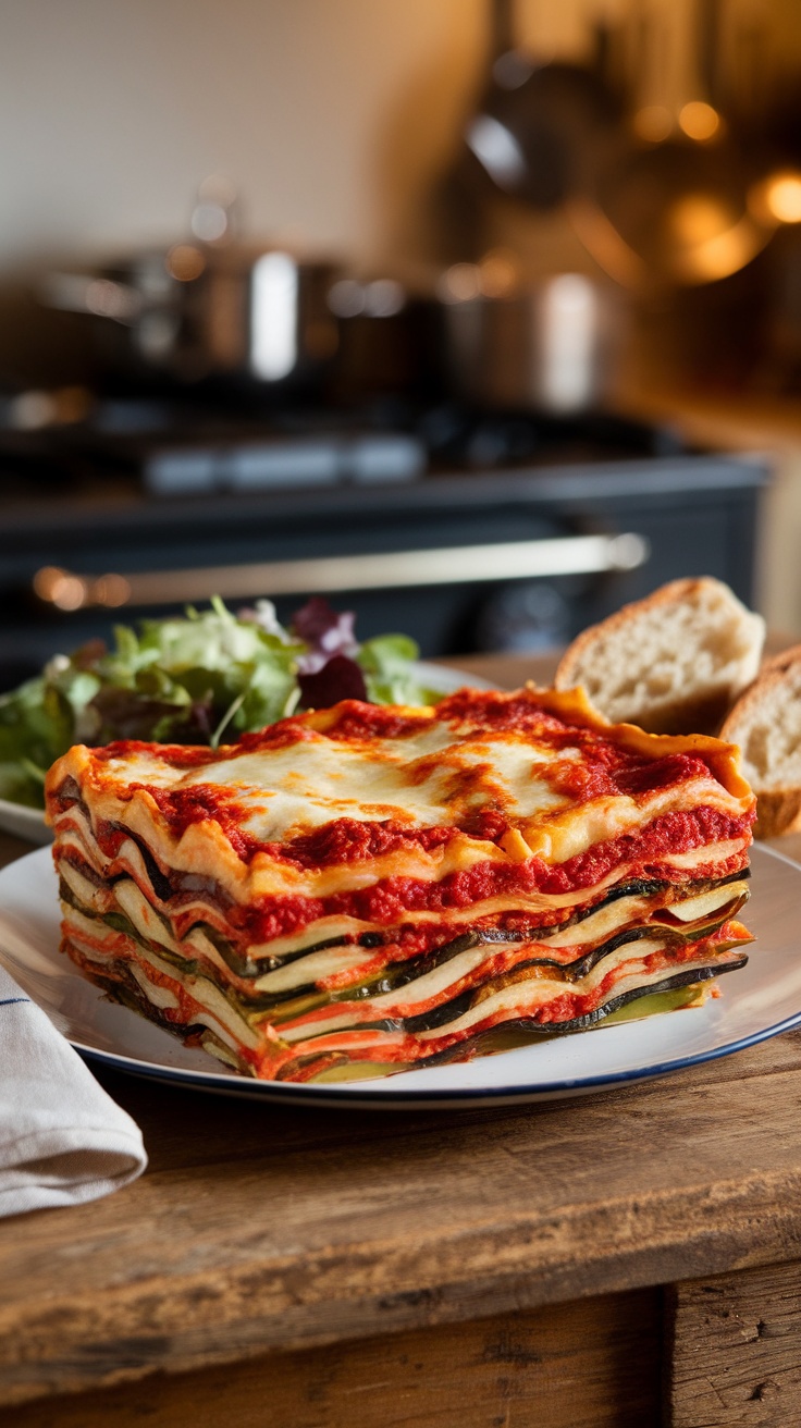 Hearty and Flavorful Vegetable Lasagna Recipe A hearty vegetable lasagna with layers of roasted vegetables, cheese, and marinara sauce, served with a salad and bread.