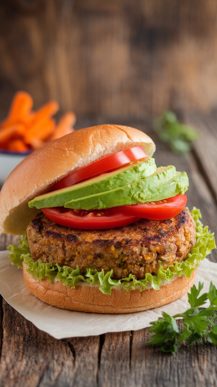 Delicious Homemade Veggie Burger Recipe A delicious homemade veggie burger with lettuce, tomato, and avocado on a bun, served with sweet potato fries.