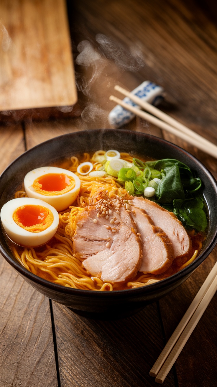 Delicious Homemade Chicken Ramen Recipe A delicious bowl of homemade chicken ramen topped with chicken, soft-boiled egg, green onions, and sesame seeds, on a rustic table.