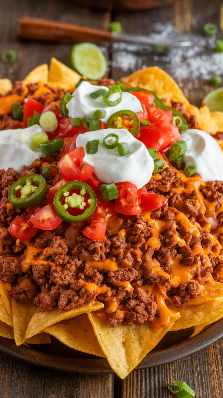 Loaded Beef Nachos Supreme Recipe A delicious plate of Beef Nachos Supreme with tortilla chips, beef, cheese, tomatoes, and jalapeños, garnished with sour cream and green onions.