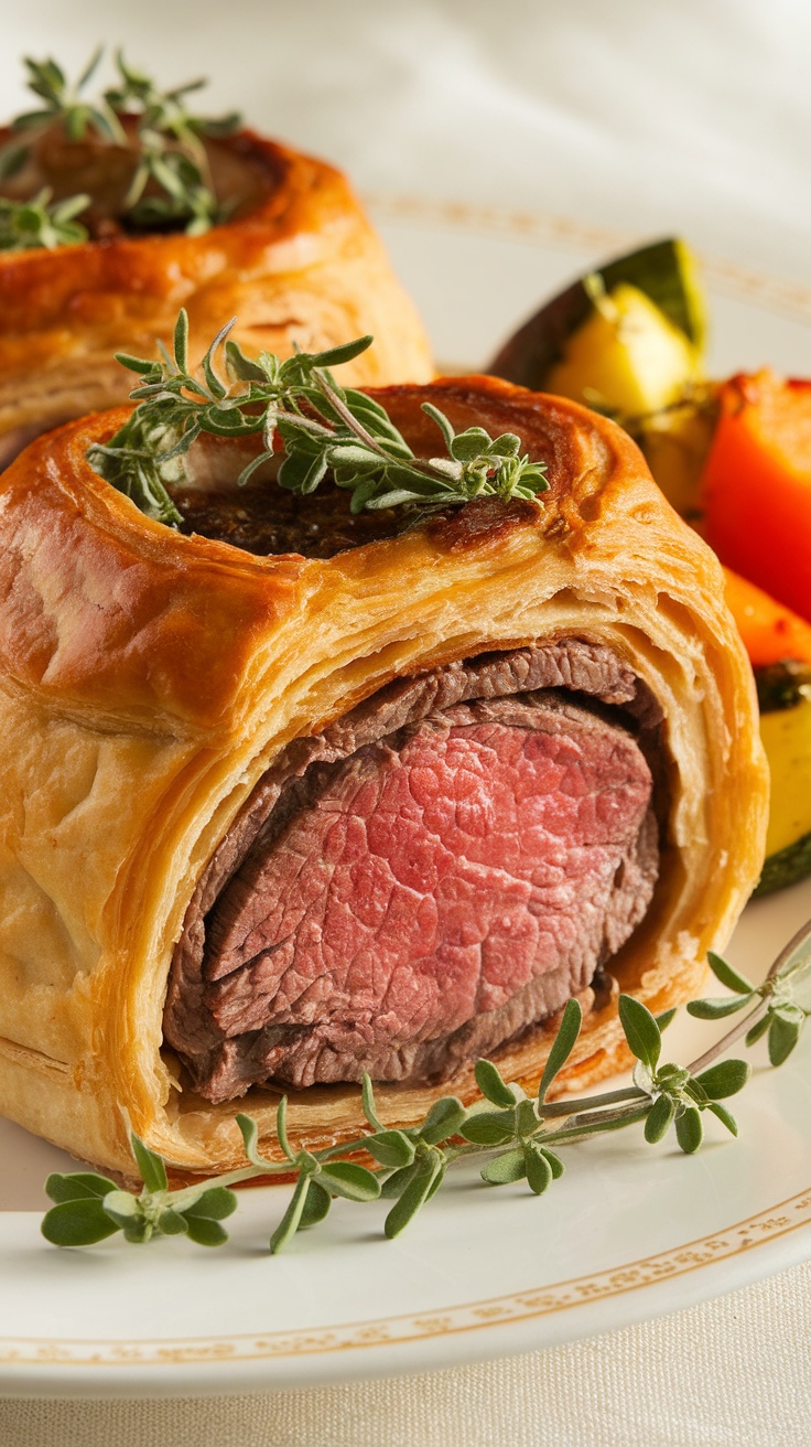 Classic Beef Wellington Recipe Sliced Beef Wellington with golden pastry and tender beef, served with roasted vegetables.