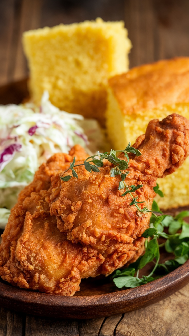 Crispy Buttermilk Fried Chicken Recipe A golden brown buttermilk fried chicken leg served with coleslaw and cornbread on a rustic wooden plate.