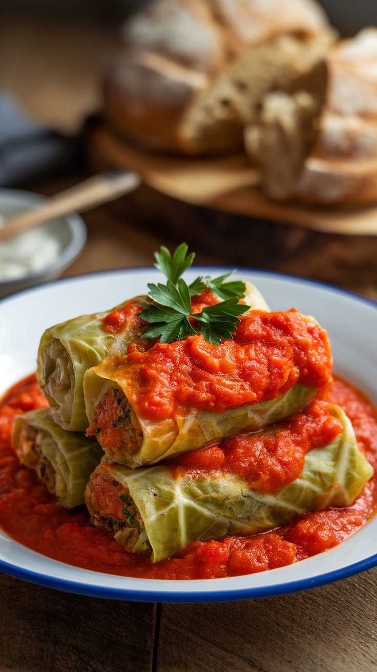 Savory Stuffed Cabbage Rolls Recipe Savory cabbage rolls in tomato sauce garnished with parsley, served on a rustic wooden table.