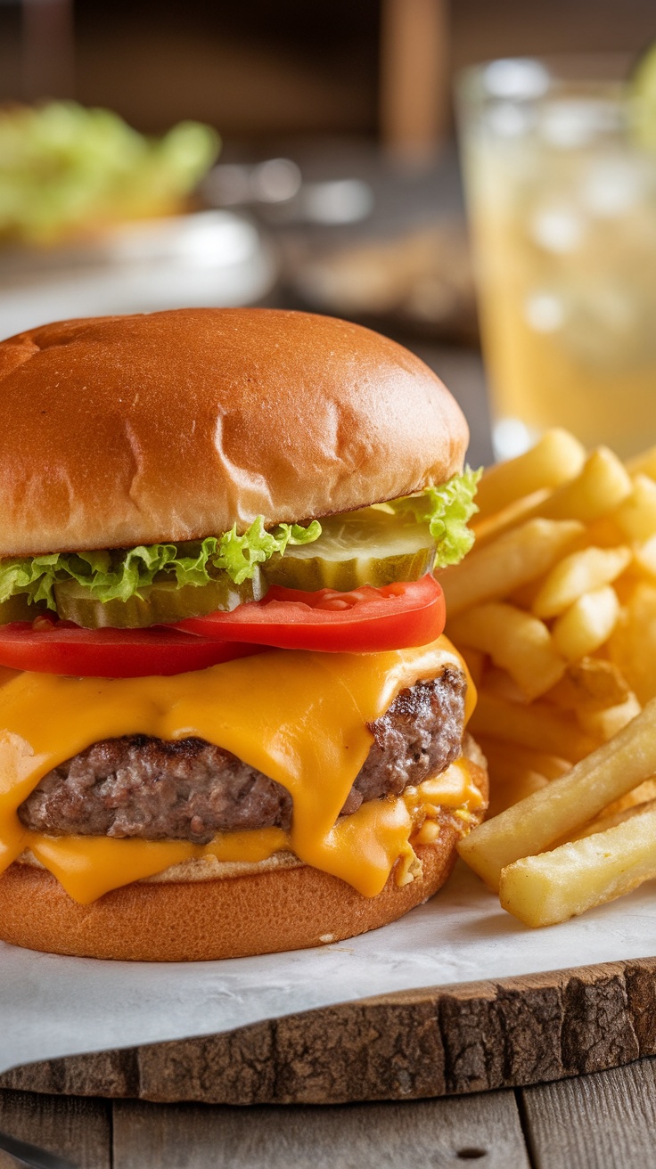 Classic Cheeseburger and Crispy Fries Recipe A classic cheeseburger with cheese, lettuce, and tomato alongside crispy golden fries on a rustic table.