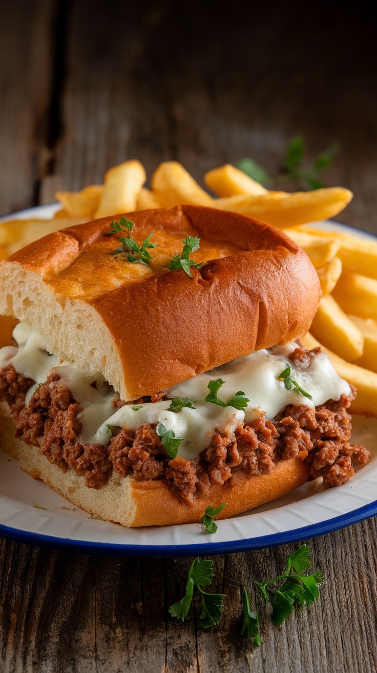 Cheesy Philly Cheesesteak Sloppy Joes Recipe Cheesesteak Sloppy Joes on a toasted bun with melted cheese and ground beef, served with fries.