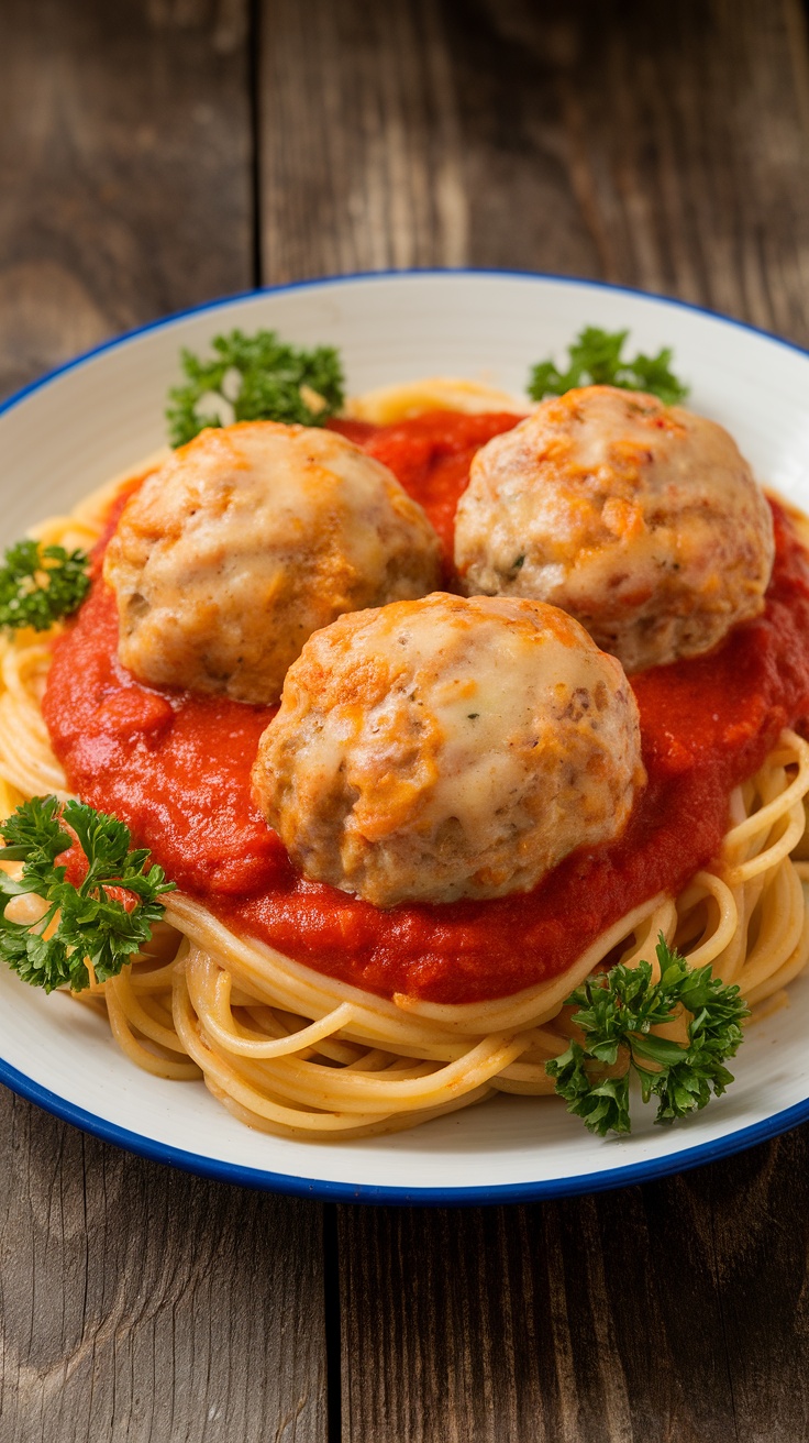 Cheesy Oven Baked Giant Meatballs with Spaghetti Spaghetti with cheesy baked giant meatballs in marinara sauce, garnished with parsley on a rustic table.