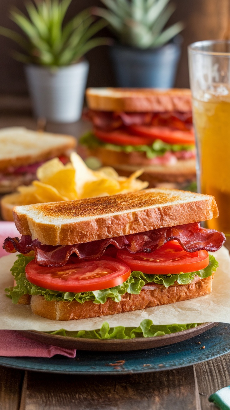 Classic BLT Sandwich Recipe A classic BLT sandwich with crispy bacon, lettuce, and tomato on toasted bread, served with chips.
