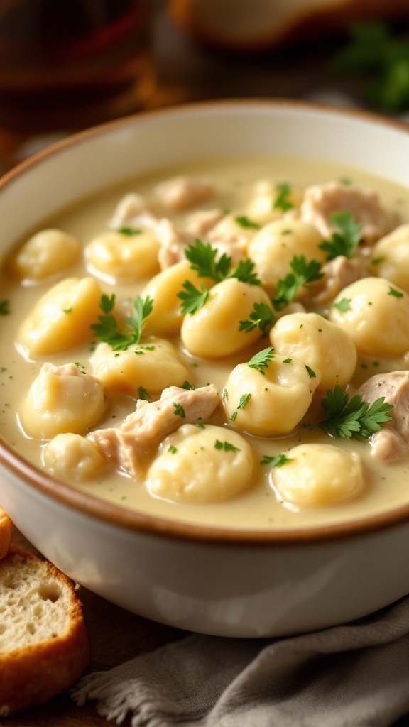 Hearty Crock Pot Chicken and Dumplings Recipe A comforting bowl of Chicken and Dumplings with chicken and fluffy dumplings in creamy broth, garnished with parsley, served with bread.
