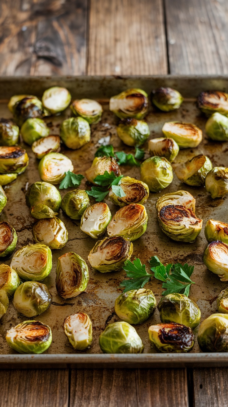 Crispy Roasted Brussels Sprouts Recipe Crispy roasted Brussels sprouts on a baking sheet, garnished with parsley.
