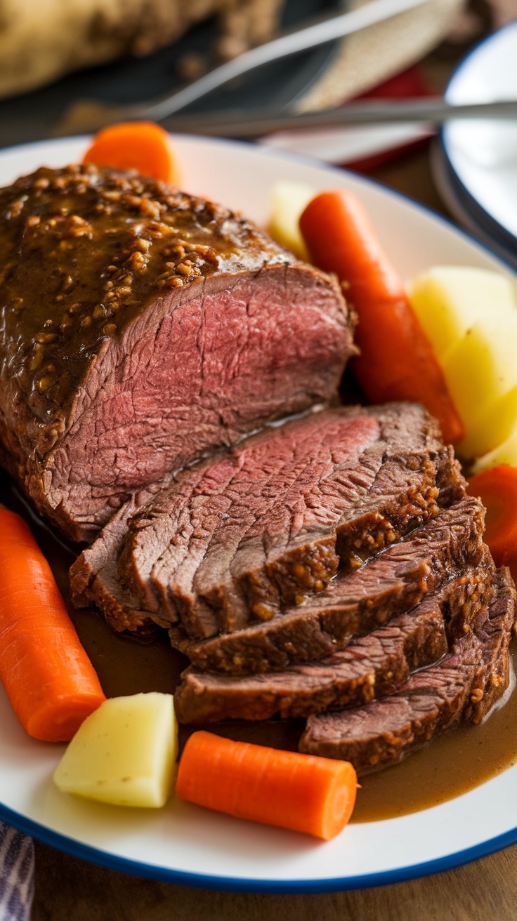 Tender and Flavorful Beef Pot Roast Recipe A delicious beef pot roast served with carrots and potatoes on a plate, showcasing tender meat and gravy.