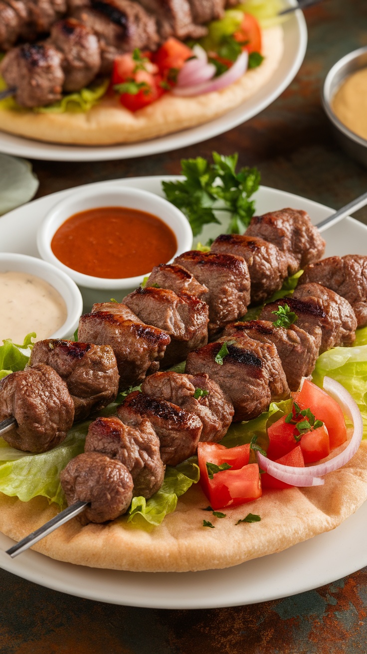 Delicious Beef Doner Kebab Recipe Grilled beef doner kebabs served in pita bread with fresh vegetables and sauces on a rustic table.