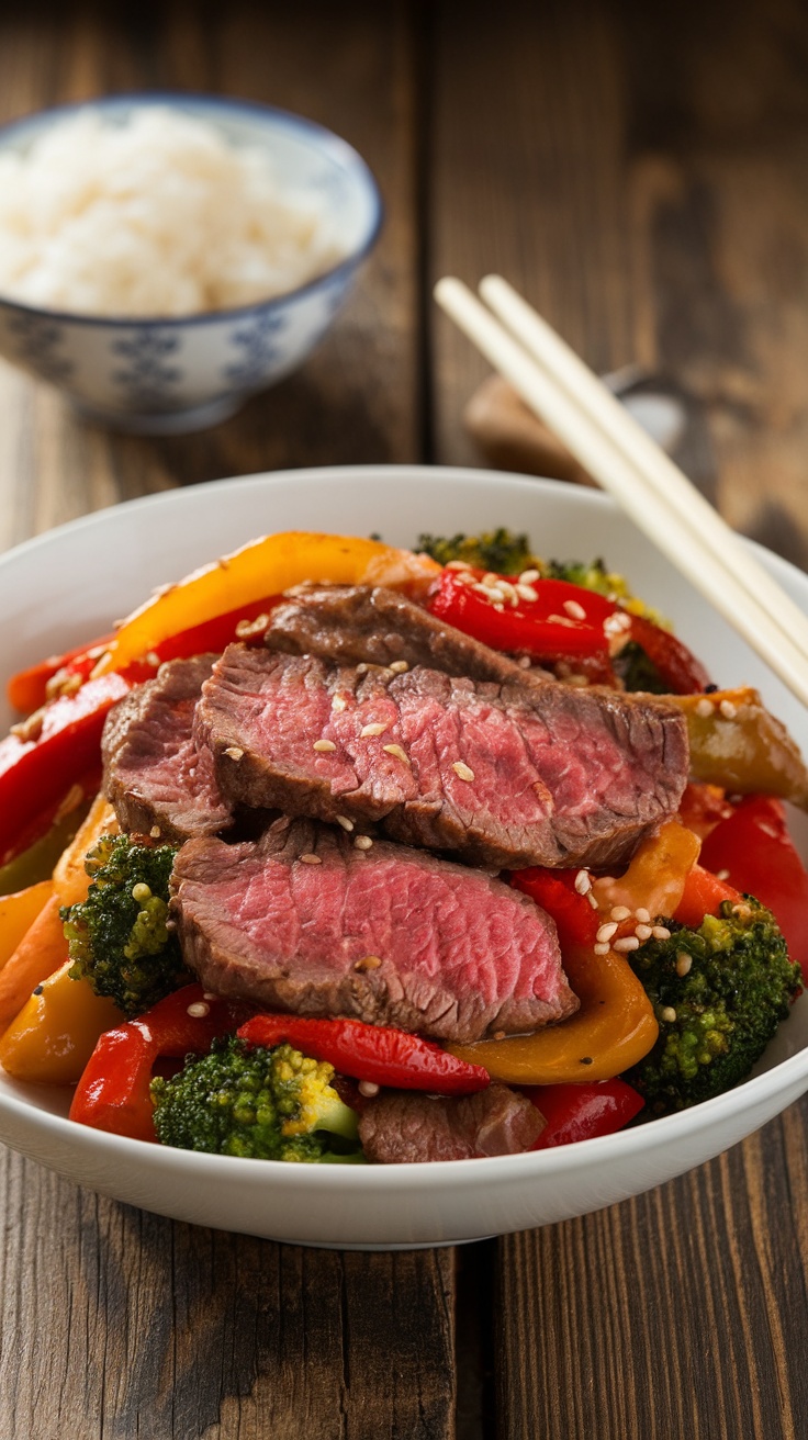 Quick and Easy Beef Stir-Fry Recipe Beef stir-fry with tender steak, bell peppers, and broccoli in a savory sauce, served with rice.