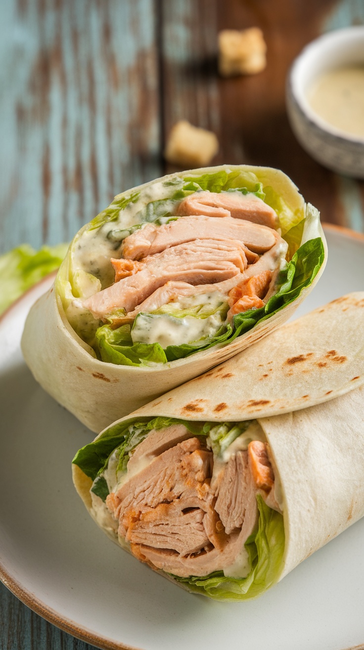 Healthy Chicken Caesar Salad Wrap Recipe Chicken Caesar Salad Wrap with shredded chicken, lettuce, and Caesar dressing on a wooden table.