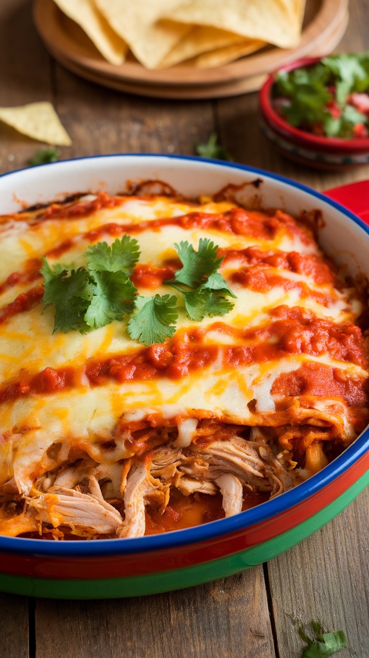 Easy Chicken Enchilada Casserole Recipe A hearty Chicken Enchilada Casserole with layers of chicken, cheese, and tortillas, garnished with cilantro, on a rustic table with tortilla chips and salsa.