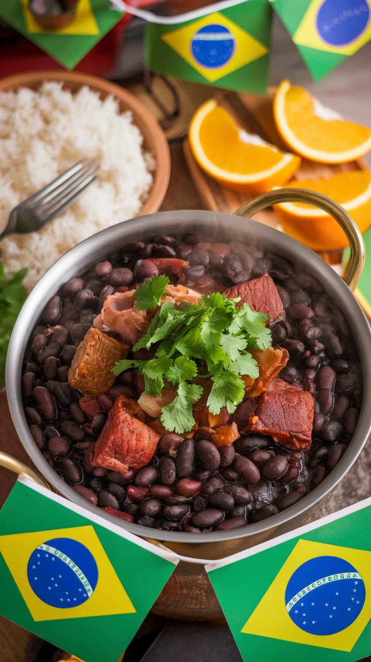 Classic Brazilian Feijoada Recipe A pot of Brazilian feijoada with black beans and meats, served with rice and oranges, on a festive table.