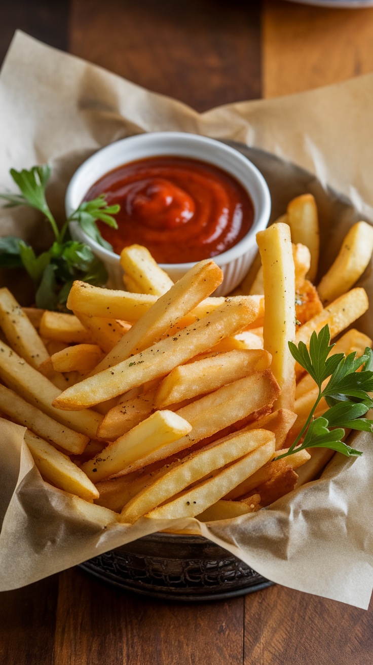 Crispy golden seasoned French fries in a basket with BBQ sauce on the side, garnished with parsley.