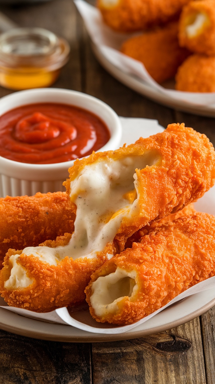 Nashville Hot Fried Mozzarella Sticks Recipe Crispy Nashville Hot Mozzarella Sticks with melted cheese and hot honey drizzle on a plate.