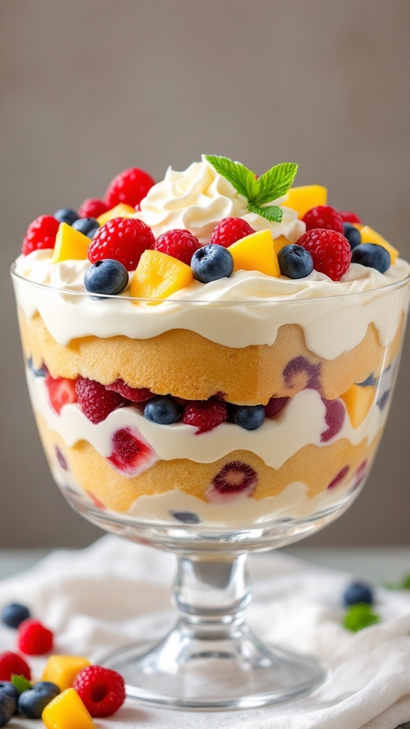 Delicious Layered Fruit Trifle Dessert Recipe A layered fruit trifle in a glass bowl with cake, pudding, and fruits, garnished with whipped cream and mint.