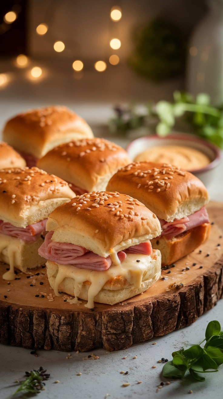 Delicious Hot Ham and Cheese Sliders Recipe A mouthwatering array of baked ham and cheese sliders on a wooden board, with melted cheese and sesame seeds.