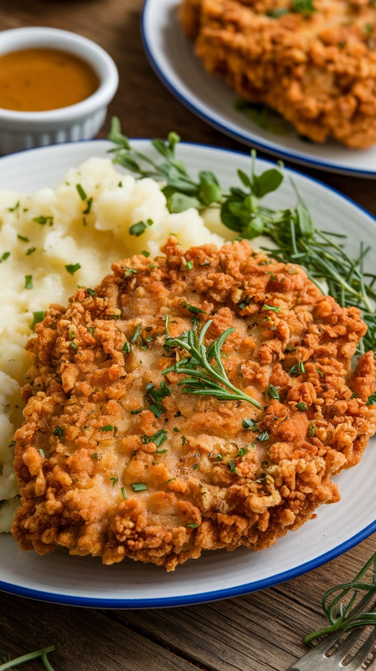 Crispy Keto Chicken Fried Steak Recipe Crispy Keto Chicken Fried Steak on a plate with mashed cauliflower and gravy.