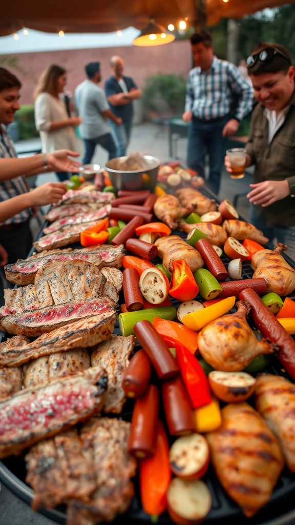 Delicious Parrillada Con Amigos Recipe A platter of grilled meats and vegetables for Parrillada Con Amigos, set against a backdrop of friends enjoying a barbecue.