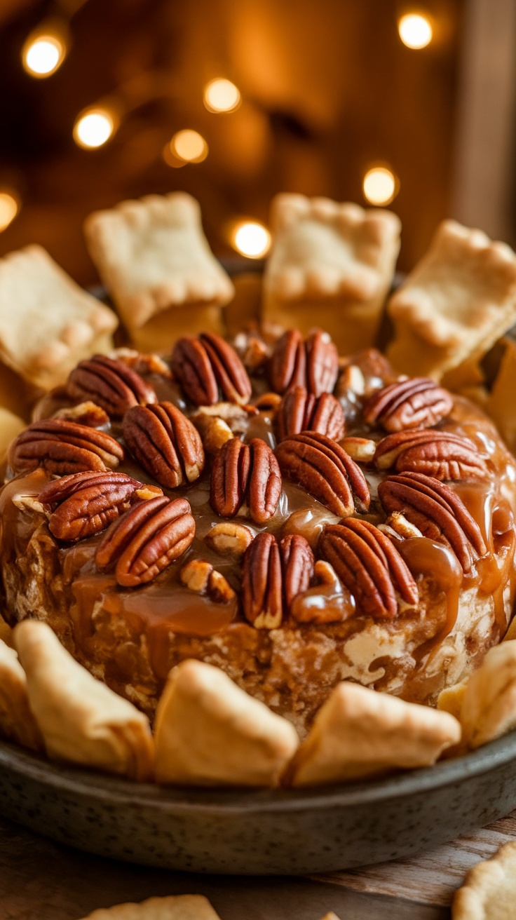 Decadent Baked Pecan Pie Dip Baked pecan pie dip in a dish topped with pecans and caramel, with pie crust dippers on the side.