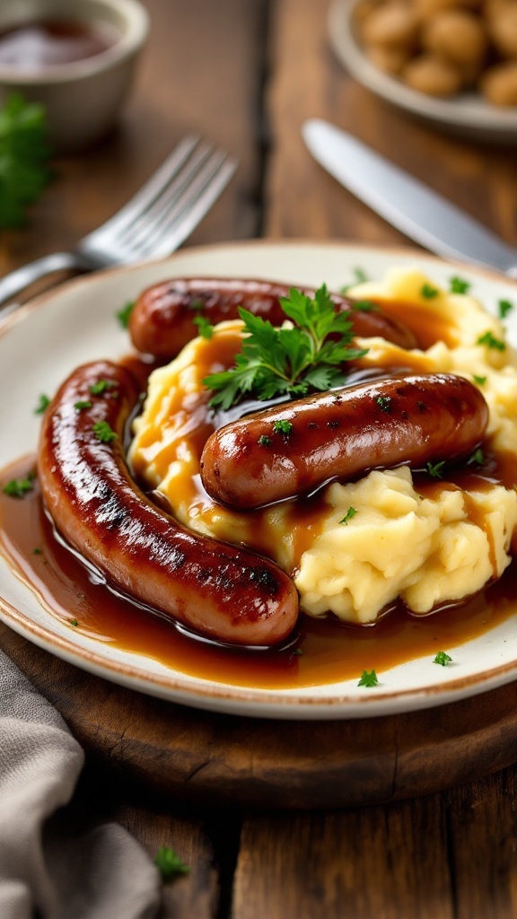 Classic Bangers and Mash with Savory Gravy Bangers and mash with sausages, creamy mashed potatoes, and gravy on a rustic table.