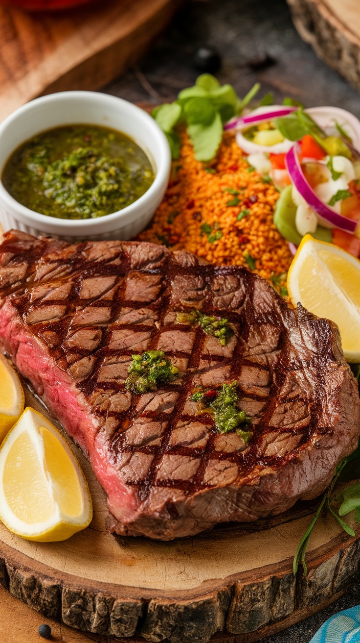 Authentic Brazilian Churrasco: Grilled Steak Recipe Grilled flank steak with chimichurri on a rustic board, featuring sides of farofa and salad.